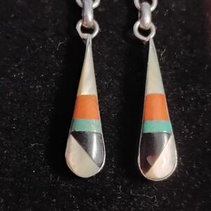 Vintage Silver & Multicolor Gemstone Teardrop Earrings